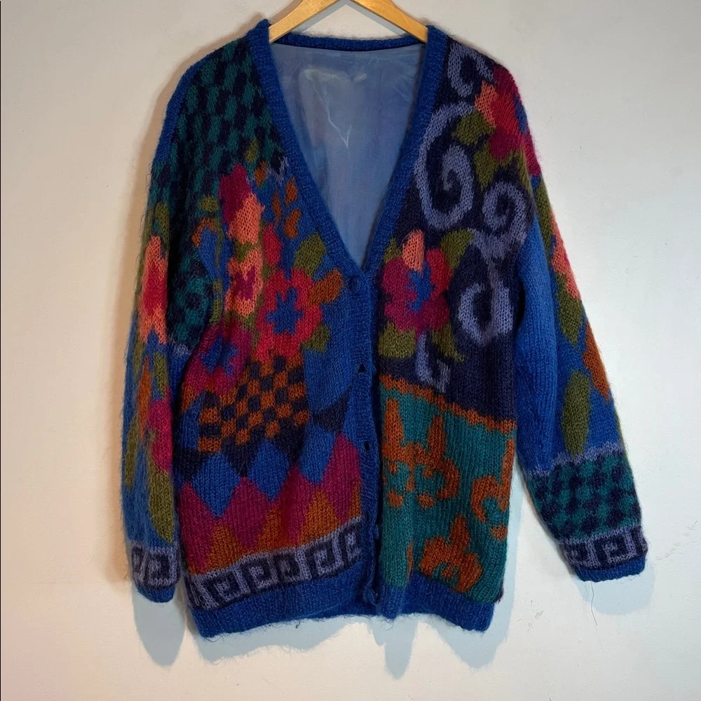 Vintage Colorful Patterned mohair Women's cardigan Sweater size medium - Picture 8 of 12